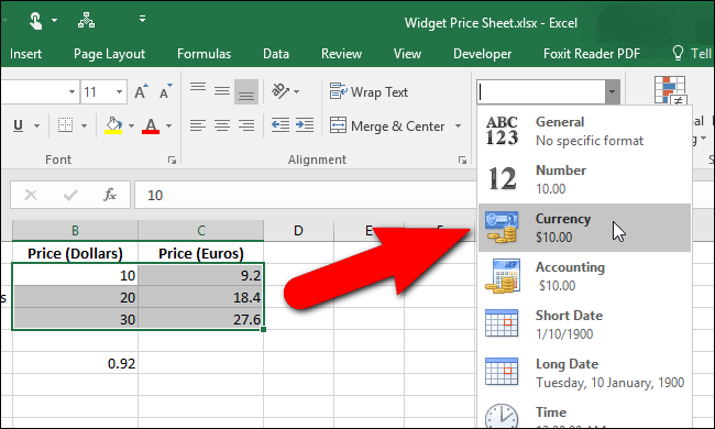 how to add currency number format in excel