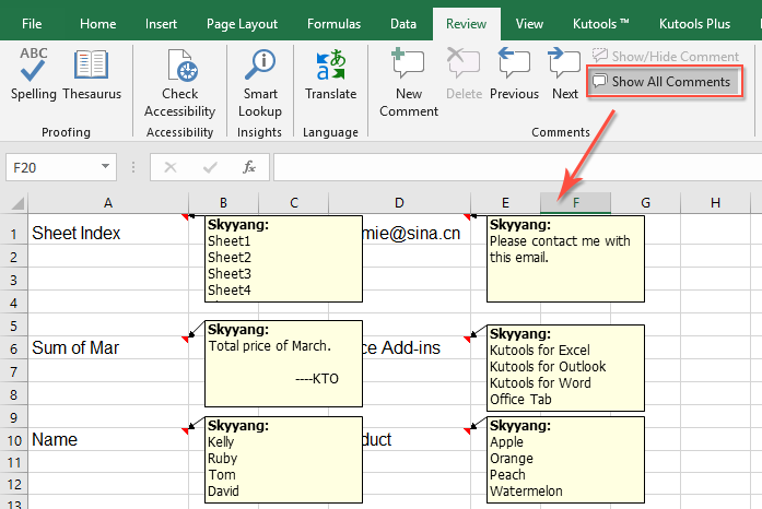 How to Show All Comments in Excel?