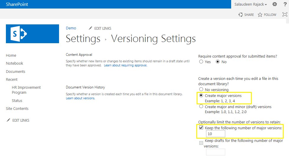 How To Turn On Versioning In Sharepoint?