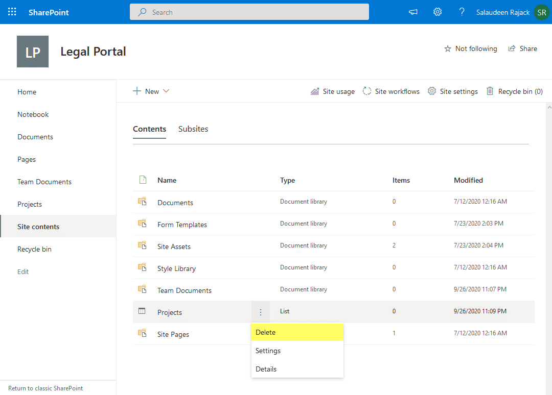 How To Delete A Sharepoint List?
