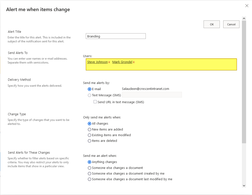 How To Set Alerts In Sharepoint For Other Users?